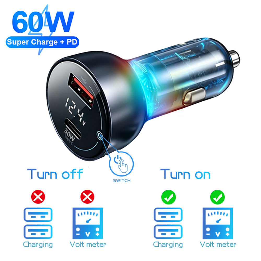 Type C Multiport Adapter - Digital Car Charger 60W PD+QC3.0 Dual